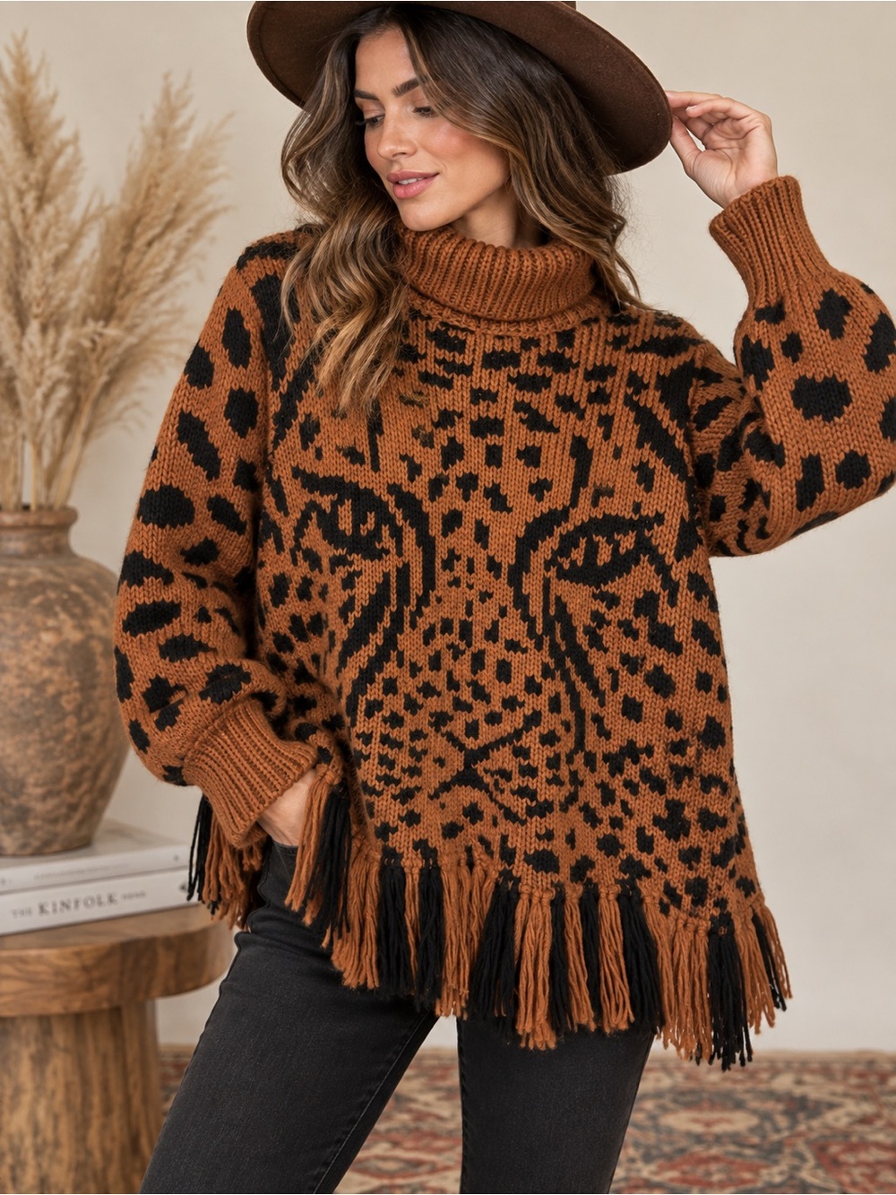 FARM Rio Leopard Tiger Fringe Turtleneck Sweater Brown Black Size Small